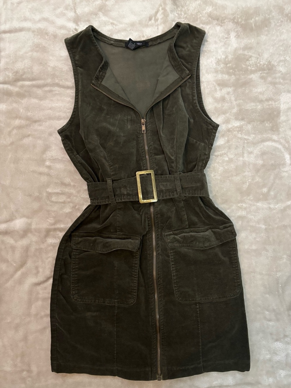 Forever 21 Olive Green Corduroy Zip Front Mini Dress with Buckle Belt